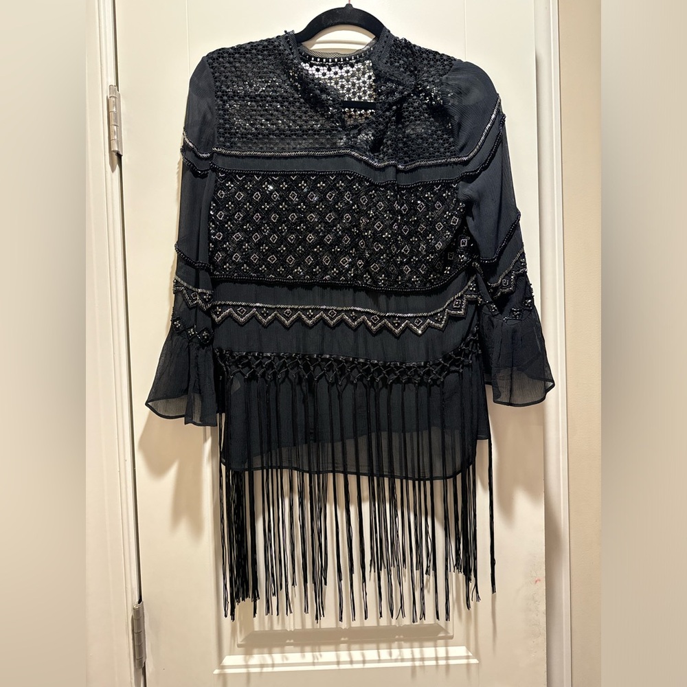 Black Beaded Embellished Top with Fringe Hem, Size Small